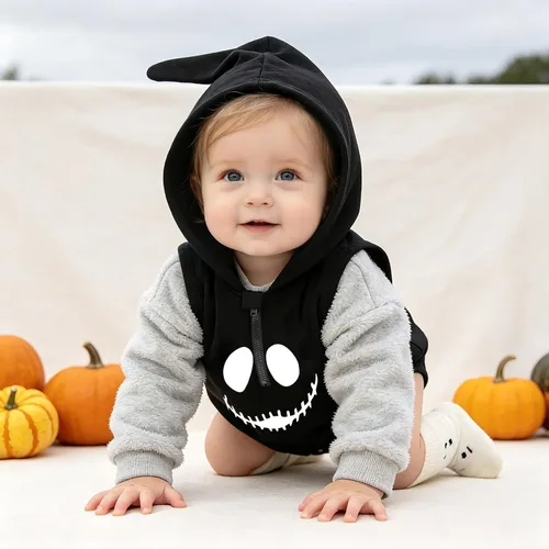 Vista 3 de Mameluco con capucha para bebé niño y niña, disfraz de calabaza Negro-a