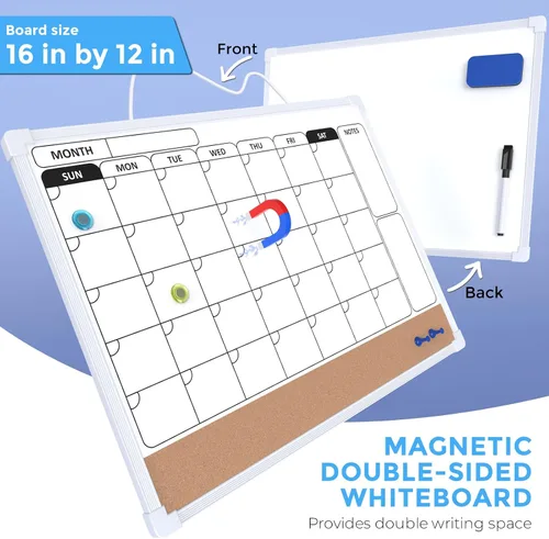 Vista 2 de MaxGear Monthly Calendar Whiteboard for Wall, 16"x12" Dry Erase Cork Board