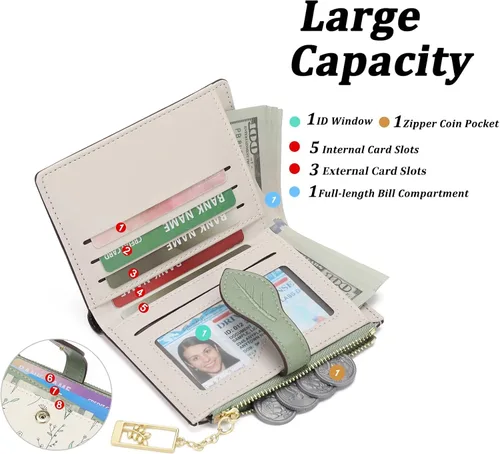 Vista 2 de GAEKEAO Billeteras pequeñas para mujer, con bloqueo RFID, plegable, de piel vegana, con bolsillo con cremallera, ventana de identificación