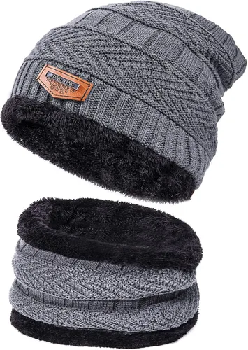 Vista 12 de Conjunto de bufanda y gorro de invierno, gorro cálido con forro polar, gorro de punto grueso para hombres y mujeres Negro