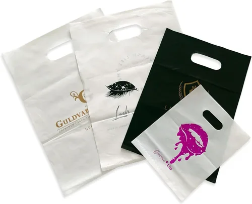 Vista 6 de 100 bolsas de plástico personalizadas SALIFECO con logotipo, bolsas de compras personalizadas de 2.36 mil con asas troqueladas, bolsas de regalo
