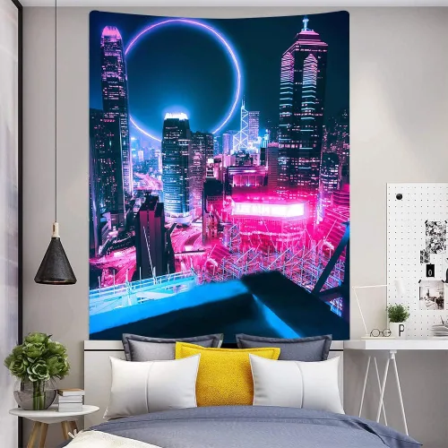 Vista 5 de Aidatain Tapiz de juego punk grande de 60 x 80 pulgadas, tecnología futurista, paisaje urbano, rascacielos, estético, tapices de franela para colgar