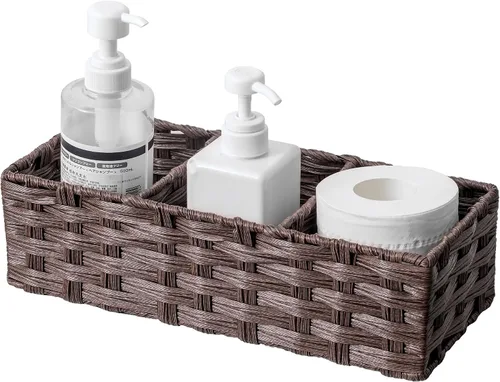 Vista 10 de Cesta de Papel para la Parte Superior del Tanque del Inodoro, Cesta Multiusos de Mimbre de Plástico Tejida a Mano, Contenedores con Divisor