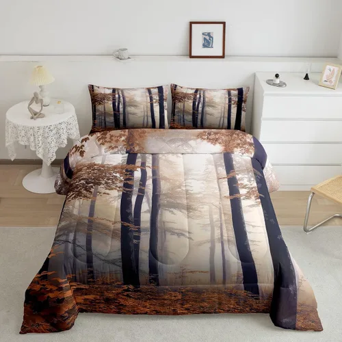 Vista 12 de Erosebridal Juego de ropa de cama con inserto de edredón de árbol brumoso para temporada de otoño, juego de edredón místico con niebla y naturaleza