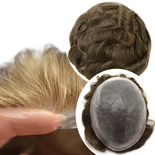 Vista 24 de Toupee para hombres piel fina 0.001 in Toupee V-looped Remy sistema de cabello humano pu mens hairpieces línea capilar invisible para pérdida