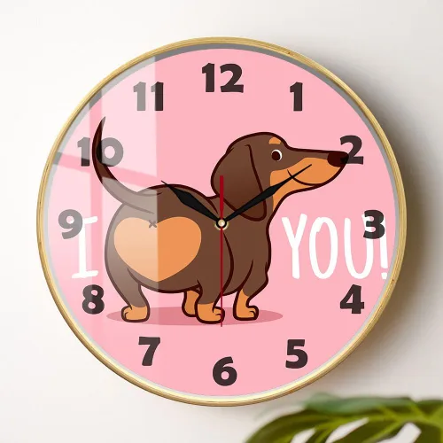 Vista 8 de Reloj de pared rosa de perro salchicha de 12 pulgadas, funciona con pilas, reloj de pared analógico redondo de madera para amantes de los perros