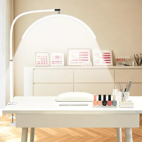 Vista 9 de Luz de media luna para escritorio de uñas, lámpara de manicura LED profesional sin sombras con abrazadera, 3 modos de color y 10 niveles de brillo