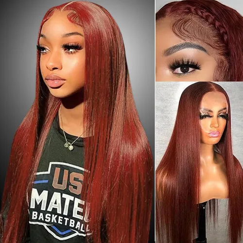 Vista 15 de Pelucas de cabello humano de 28 pulgadas con encaje frontal de color marrón rojizo de 5 x 5, pelucas de cierre de encaje HD para mujeres negras