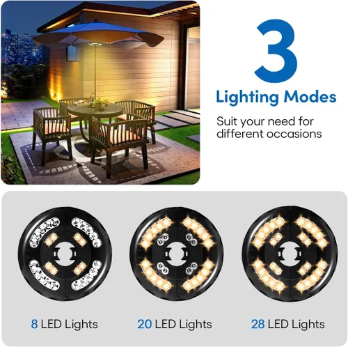 Vista 4 de Luz de sombrilla de patio de doble potencia, recargable y funciona con pilas, 3 modos de iluminación inalámbrica, luz de poste de sombrilla