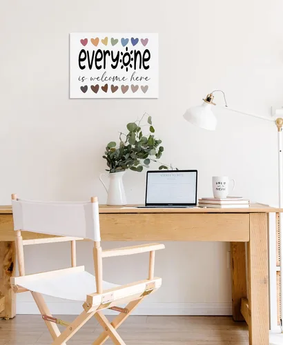 Vista 5 de Lienzo inspirador de diversidad con texto en inglés «Everyone is Welcome Here», impresiones artísticas para decoración de aula, guardería, sala