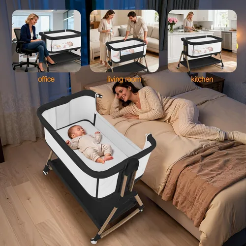 Vista 8 de By Brand 3 in 1 Baby Bassinet, Rocking Bedside Crib for Newborn, Portable Sleeper with Breathable Mesh, 6 Adjustable Heights, Wheels and Storage