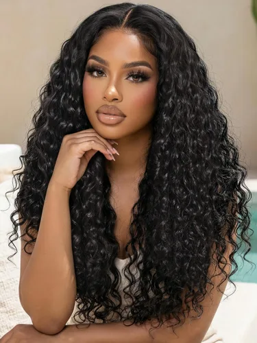 Vista 26 de KLAIYI Bye Bye Slip™ - Pelucas de cabello humano con encaje frontal 7x5, color marrón castaño degradado, rizado, sin pegamento, precortadas de 7 x