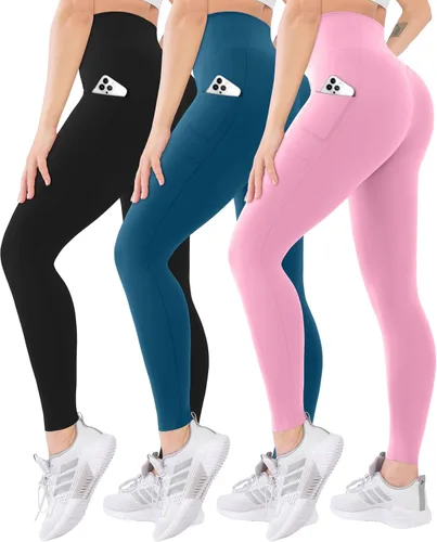 Vista 14 de Blisset - Paquete de 3 leggings de cintura alta para mujer con bolsillos, pantalones suaves y activos para control de abdomen, ideales para yoga