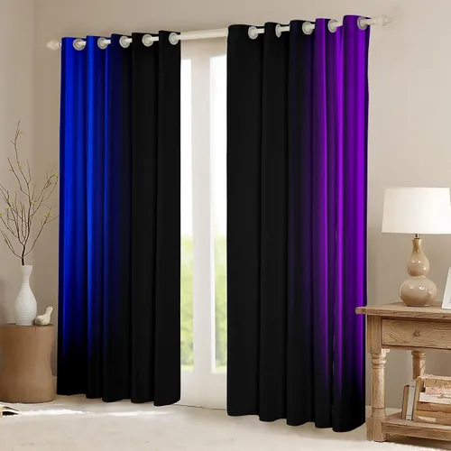 Vista 2 de Feelyou Cortinas abstractas degradadas para niños, adolescentes y mujeres, cortinas de ventana azules, moradas y negras, tratamientos geométricos