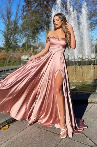Vista 5 de Youjiayi Vestidos de fiesta de graduación con hombros descubiertos y abertura, vestidos largos de satén de seda para mujer, vestidos de fiesta
