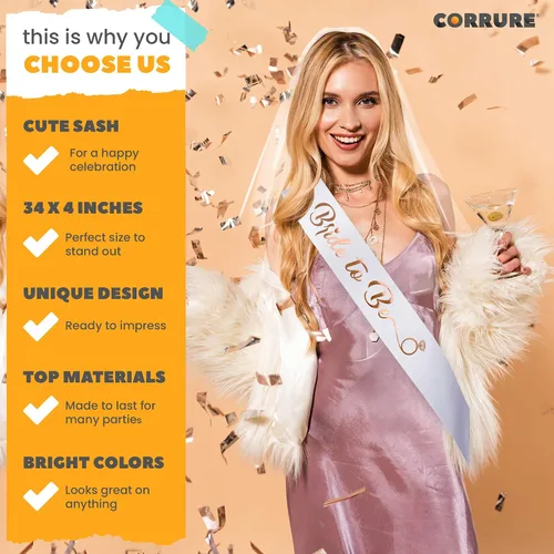 Vista 10 de CORRURE Banda para despedida de soltera "Bride to Be", banda de satén blanco con letras de lámina de oro rosa, accesorios de decoración de despedida