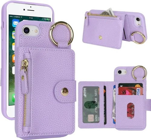 Vista 64 de Funda para iPhone 14 Plus con tarjetero, color negro Funda con cremallera y ranura para mujer y hombre