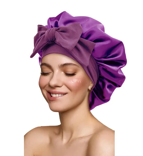 Vista 16 de Gorro de satén de seda para dormir con banda de amarre y tiras ajustables, para mujeres con cabello rizado y trenzado, color negro, tamaño grande