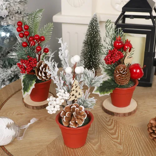 Vista 8 de winemana Mini decoraciones de mesa de árbol de Navidad, 6 piezas de árbol artificial pequeño con piñas y bayas rojas, centro de mesa navideño