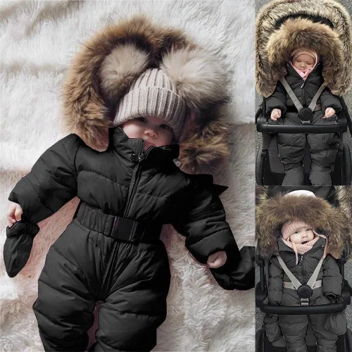 Vista 2 de TBUIALL Mono de invierno para niño, abrigo cálido para bebé, niña, chaqueta con capucha, trajes gruesos para niños, pantalones de nieve para niños