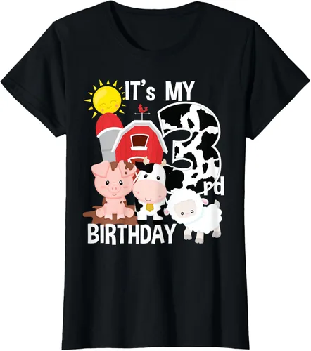 Vista 36 de Camiseta con diseño de animales de granja con texto en inglés "It's My 3rd Birthday" Negro