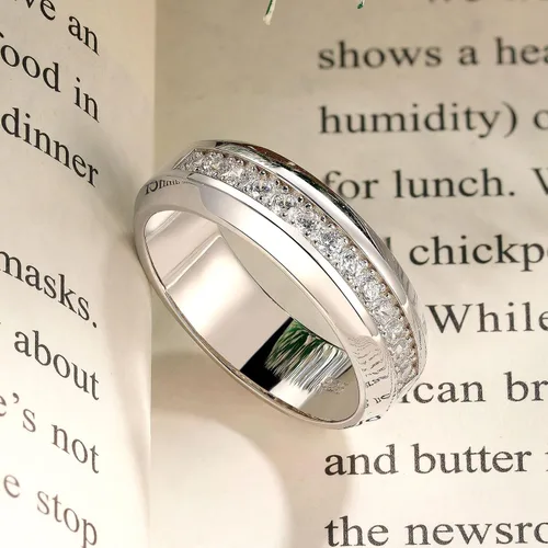 Vista 3 de Anillo de boda de oro blanco para hombre, plata de ley 925 con 13 circonitas cúbicas de corte redondo, anillo de compromiso para él, talla 7-14