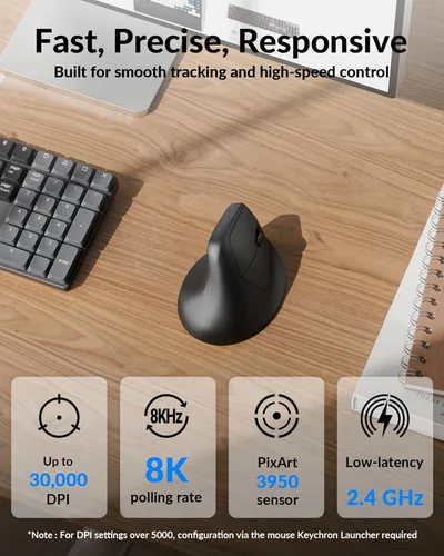 Vista 2 de Keychron M5 8K Ratón Ergonómico Vertical Inalámbrico, 2.4 GHz/Bluetooth 5.3/Ratones con Cable para Computadora Recargables, 5 Niveles Hasta 30K DPI