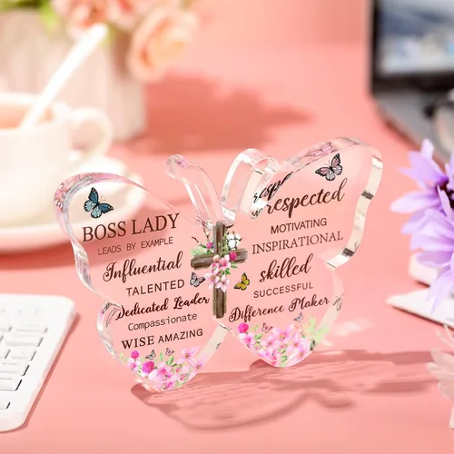 Vista 2 de Barydat Regalos de jefa de acrílico para mujeres Citas inspiradoras Regalos de oficina para mujeres Pesos de papel de mariposa para líder femenina