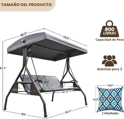 Vista 7 de ZZW Columpio de Patio para 3 Personas Columpio Exterior para Adultos con Toldo Ajustable y Portavasos Mejorados Tela Textilene Silla Columpio de Gris