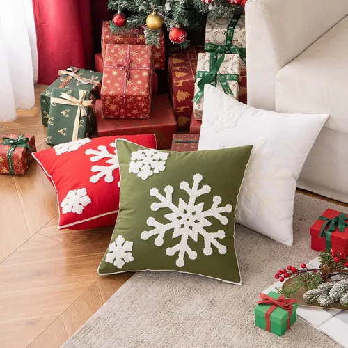 Vista 5 de MIULEE Paquete de 2 fundas de almohada decorativas de Navidad con diseño de copo de nieve, fundas de almohada de lona con bordado de invierno