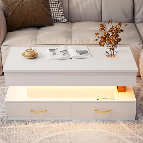 Vista 4 de IKIFLY Moderna mesa de centro LED elevable, alto brillo con compartimento oculto y 2 cajones, parte superior elevadora para sala de estar