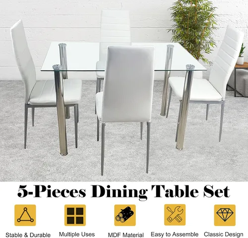 Vista 4 de Juego de mesa de comedor, 5 piezas con moderna mesa superior de vidrio templado y silla de piel sintética, muebles de comedor para el hogar, cocina