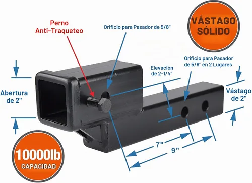 Vista 2 de TOPTOW 64121 - Elevador de extensión de enganche de remolque receptor de 2 pulgadas con elevación/caída de 2 pulgadas, vástago sólido, capacidad
