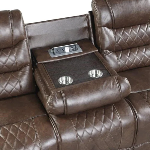 Vista 7 de Pemberly Row Sofá reclinable eléctrico de microfibra de 86 pulgadas, acabado pulido marrón, marco de madera maciza, puertos de carga USB, mesa