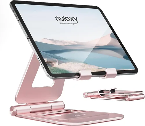 Vista 8 de Nulaxy Soporte plegable doble de aluminio para iPad, soporte para tablet de escritorio totalmente ajustable, accesorios para tableta de oficina