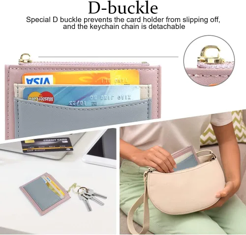 Vista 69 de URAQT Cartera para tarjetas de crédito, cartera minimalista de cuero delgado con cremallera, mini protector de tarjeta de crédito, llavero bolsillo
