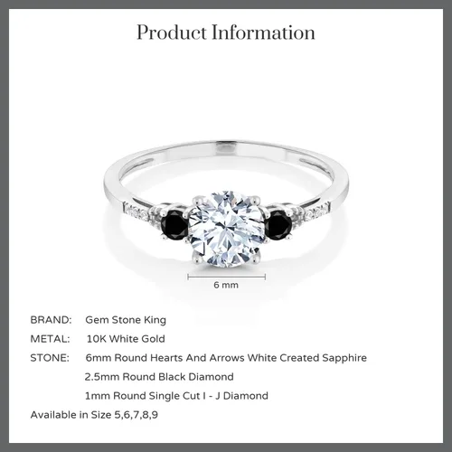 Vista 7 de Gem Stone King Anillo de compromiso de oro blanco de 10 quilates con diamantes negros y diamantes blancos creados con zafiro blanco de 3 piedras