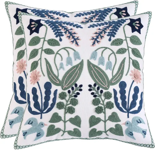 Vista 21 de Fundas de almohada bordadas de 16 x 16 pulgadas, paquete de 2 Aves y flores