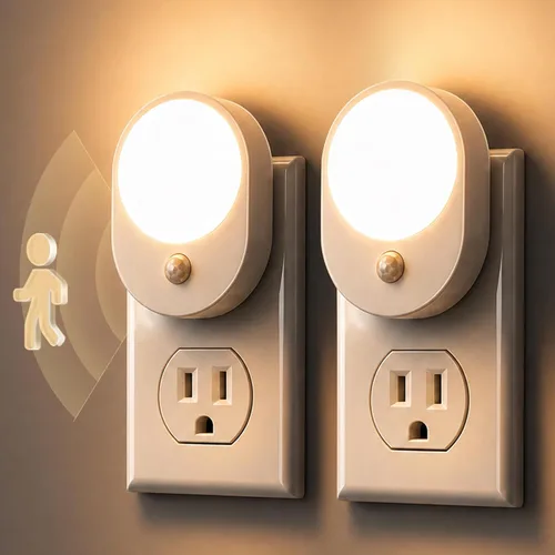 Vista 11 de L LOHAS LED Luz nocturna con sensor de movimiento, paquete de 2 luces nocturnas enchufables a la pared, sensor de movimiento y sensor de atardecer a