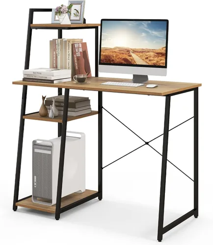 Vista 10 de COSTWAY Escritorio para computadora con estantes de almacenamiento de 4 niveles, mesa de escritorio de oficina en casa con marco resistente