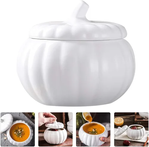 Vista 7 de BESTonZON Cuenco de sopa de cerámica con tapa de 4.13 pulgadas cubierto para estofado, plato de porcelana para postres de calabaza y guisos, vajilla