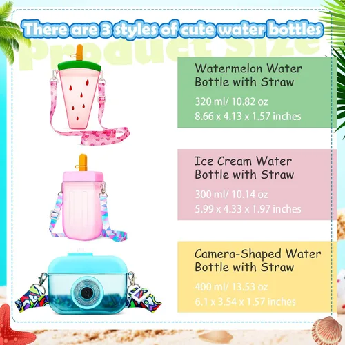 Vista 2 de 3 botellas de agua con pajitas creativas Kawaii en forma de cámara de helado, sandía, correa ajustable, botella de agua de plástico para viajes