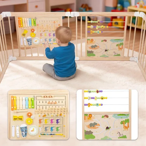 Vista 3 de Foldable Wooden Playpen, Natural Wood Baby Playpen with Adjustable Size and Shape, Portable Includes 2 Game Boards, 10+ Toy Set, Suitable for Indoor