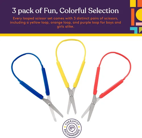 Vista 3 de Special Supplies Tijeras de lazo para adolescentes y adultos de 8 pulgadas (paquete de 3) con bucles coloridos, diseño adaptativo, soporte derecho e