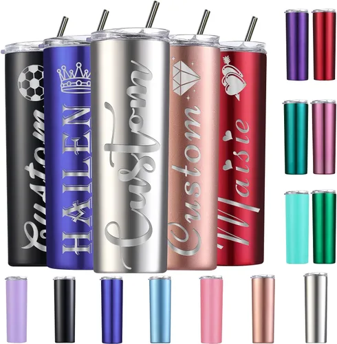 Vista 15 de Vasos delgados personalizados con tapas y popotes, vaso grabado con láser personalizado con nombre para mujer, regalo de 20 onzas, taza de acero
