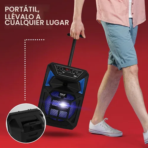 Vista 6 de Pyle Altavoz PA Bluetooth y sistema de micrófono, altavoz de karaoke portátil con micrófono con cable, luces LED de fiesta integradas, radio FM