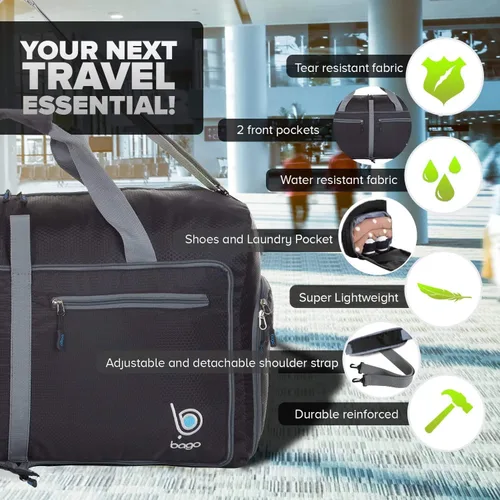 Vista 2 de Bago Bolsa de viaje para hombre y mujer, ligera, plegable, bolsa de lona para equipaje de 15.85 gal, 21.13 gal, y 26.42 gal (60 L, 80 L y 100 L)