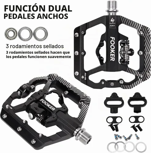 Vista 3 de FOOKER Pedales de bicicleta de montaña MTB, plataforma plana de 3 rodamientos, compatible con doble función sellada de aluminio sin clipless pedales