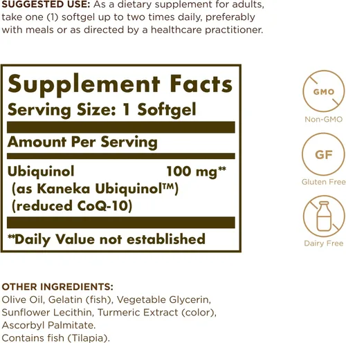 Vista 2 de Solgar Ubiquinol 100 mg (reducción de CoQ-10), 50 cápsulas blandas - Paquete de 2 - Apoyo antioxidante avanzado, salud cardíaca, salud general - Sin