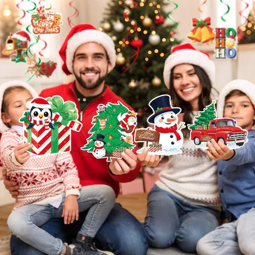 Vista 3 de Juego de decoración navideña: pancarta y remolinos colgantes, para el hogar, oficina, aula, decoración de fiesta de Navidad en interiores